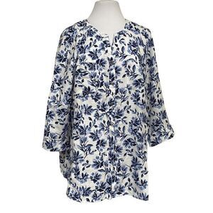 Emily Daniels Woven Linen Blend Floral Shirt Blouse 1X Blue & White V-Neck